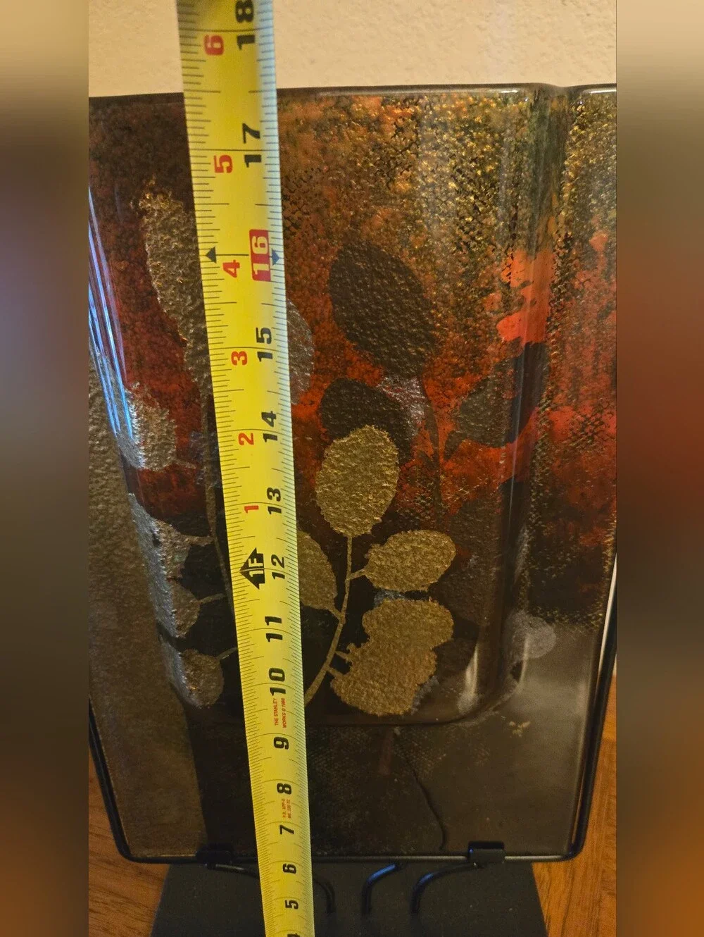 Decorative Fused Art Glass Vase With Metal Frame.gold And Earth Tones
